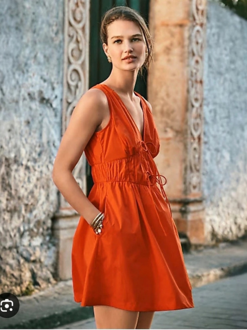 LOFT   Petite Bow Poplin Mini Pocket Dress in Cadmium Orange Size 10P NWOT